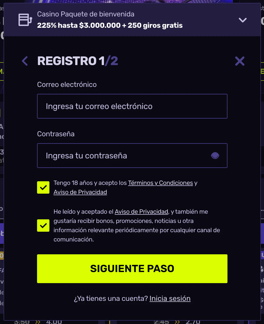 Registro de usuario y creación de cuenta en Sportune Casino