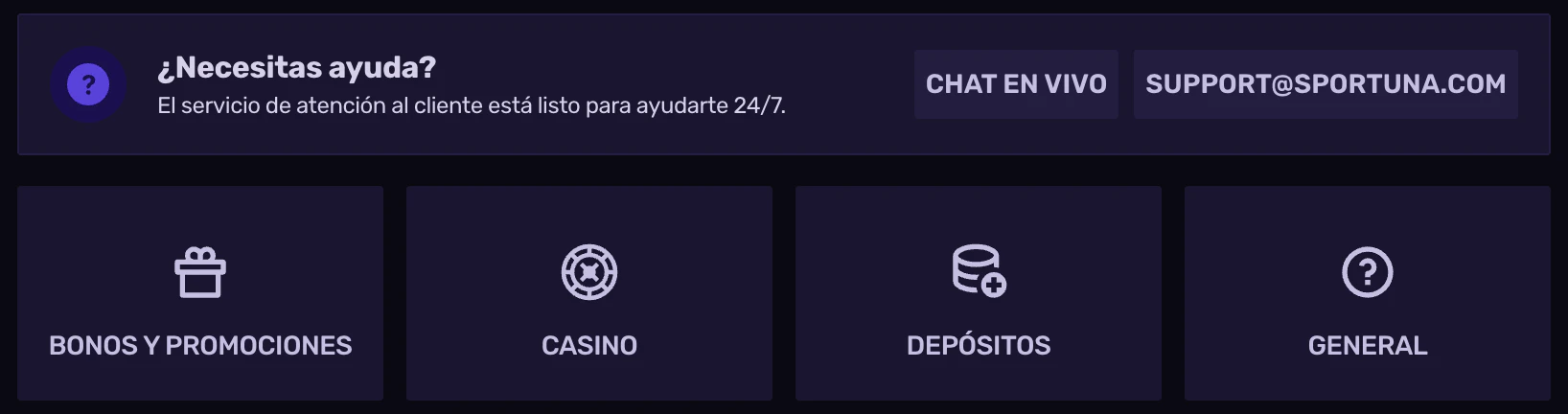 Servicio de atención al cliente y soporte técnico en Sportune Casino